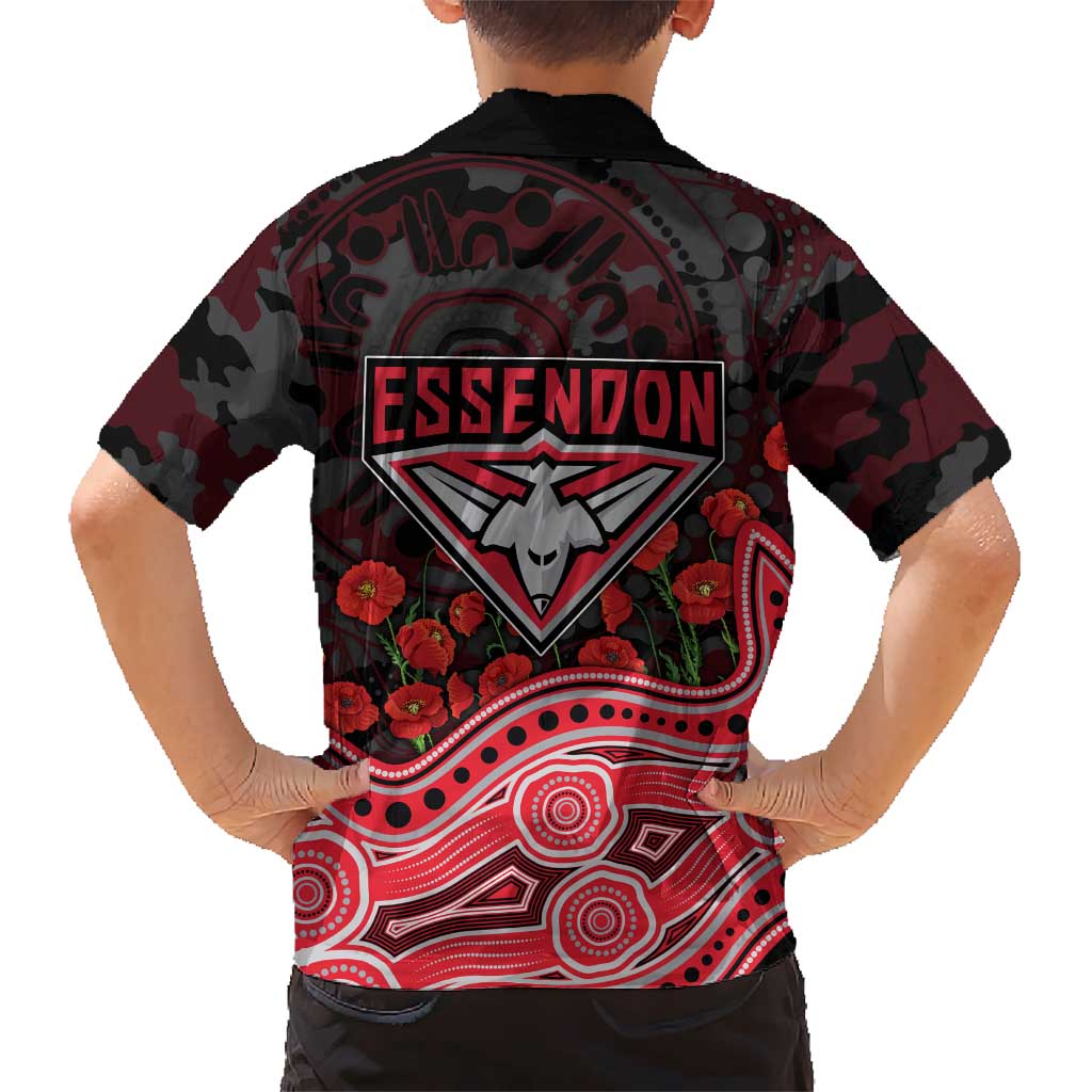 Essendon Bombers ANZAC Day Family Matching Off Shoulder Maxi Dress and Hawaiian Shirt Indigenous Dot Art with Poppy Flower Tribute