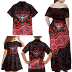 Essendon Bombers ANZAC Day Family Matching Off Shoulder Maxi Dress and Hawaiian Shirt Indigenous Dot Art with Poppy Flower Tribute