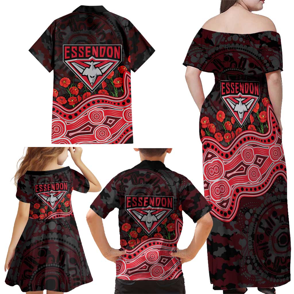Essendon Bombers ANZAC Day Family Matching Off Shoulder Maxi Dress and Hawaiian Shirt Indigenous Dot Art with Poppy Flower Tribute