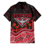 Essendon Bombers ANZAC Day Family Matching Off Shoulder Maxi Dress and Hawaiian Shirt Indigenous Dot Art with Poppy Flower Tribute