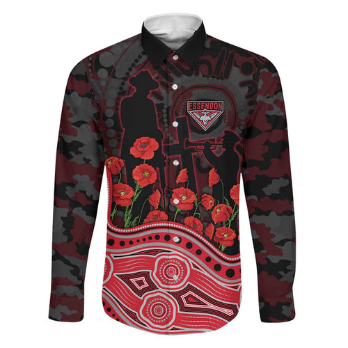 Essendon Bombers ANZAC Day Family Matching Off Shoulder Maxi Dress and Hawaiian Shirt Indigenous Dot Art with Poppy Flower Tribute