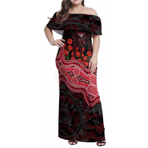 Essendon Bombers ANZAC Day Family Matching Off Shoulder Maxi Dress and Hawaiian Shirt Indigenous Dot Art with Poppy Flower Tribute