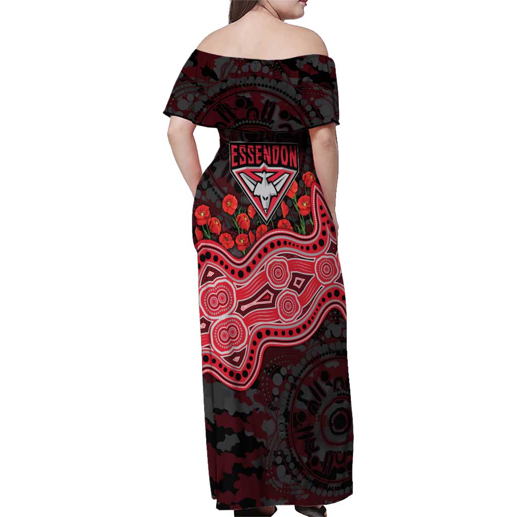 Essendon Bombers ANZAC Day Family Matching Off Shoulder Maxi Dress and Hawaiian Shirt Indigenous Dot Art with Poppy Flower Tribute