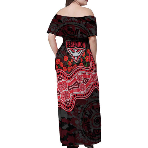 Essendon Bombers ANZAC Day Family Matching Off Shoulder Maxi Dress and Hawaiian Shirt Indigenous Dot Art with Poppy Flower Tribute