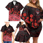 Essendon Bombers ANZAC Day Family Matching Off Shoulder Short Dress and Hawaiian Shirt Indigenous Dot Art with Poppy Flower Tribute