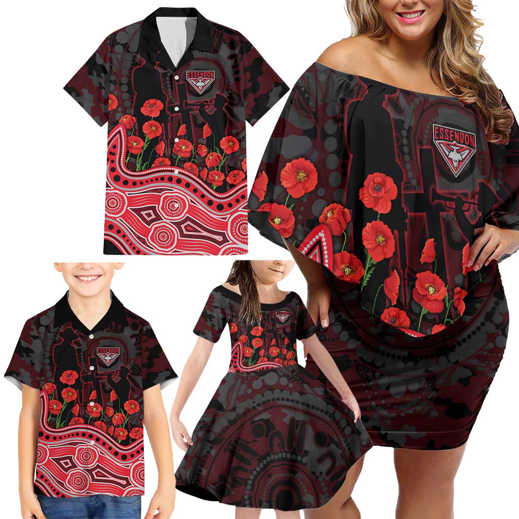 Essendon Bombers ANZAC Day Family Matching Off Shoulder Short Dress and Hawaiian Shirt Indigenous Dot Art with Poppy Flower Tribute