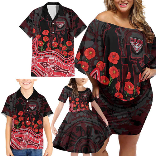 Essendon Bombers ANZAC Day Family Matching Off Shoulder Short Dress and Hawaiian Shirt Indigenous Dot Art with Poppy Flower Tribute