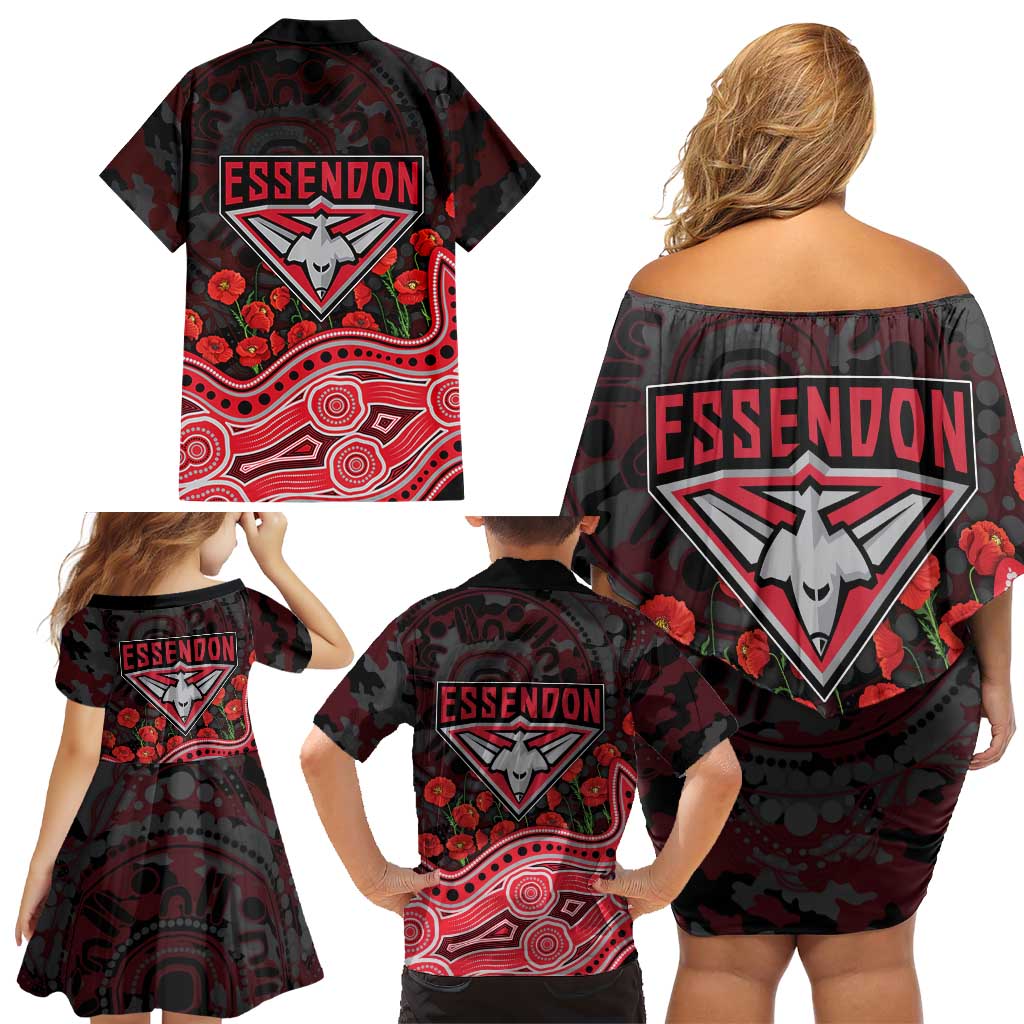 Essendon Bombers ANZAC Day Family Matching Off Shoulder Short Dress and Hawaiian Shirt Indigenous Dot Art with Poppy Flower Tribute