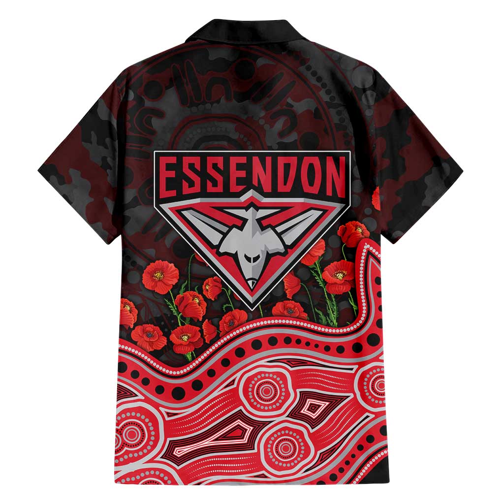 Essendon Bombers ANZAC Day Family Matching Off Shoulder Short Dress and Hawaiian Shirt Indigenous Dot Art with Poppy Flower Tribute