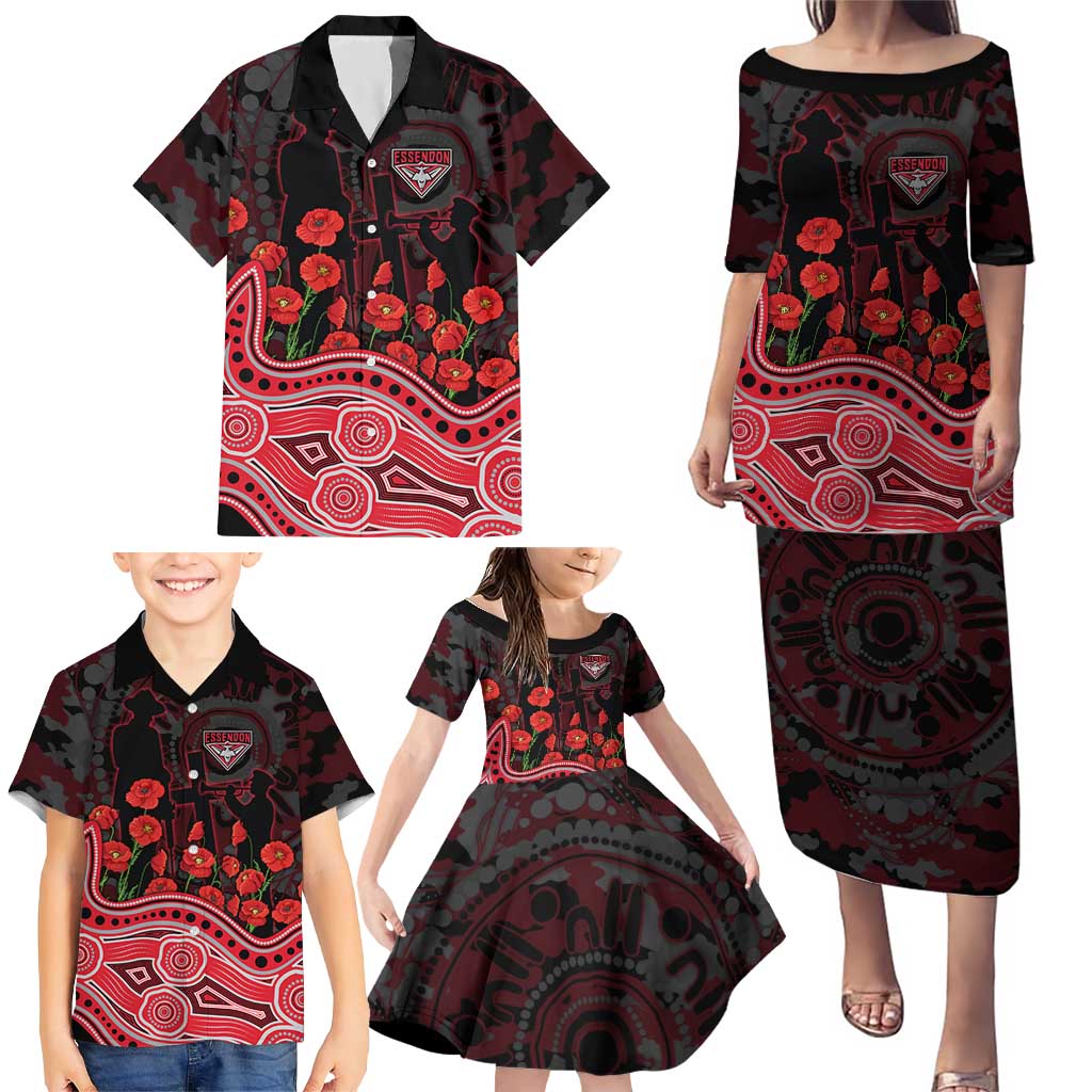 Essendon Bombers ANZAC Day Family Matching Puletasi and Hawaiian Shirt Indigenous Dot Art with Poppy Flower Tribute