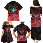 Essendon Bombers ANZAC Day Family Matching Puletasi and Hawaiian Shirt Indigenous Dot Art with Poppy Flower Tribute