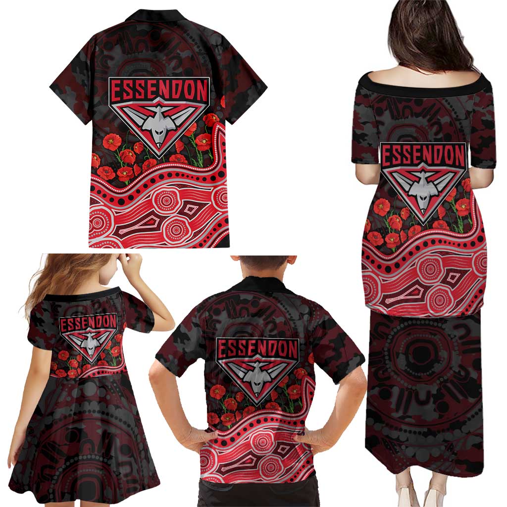 Essendon Bombers ANZAC Day Family Matching Puletasi and Hawaiian Shirt Indigenous Dot Art with Poppy Flower Tribute