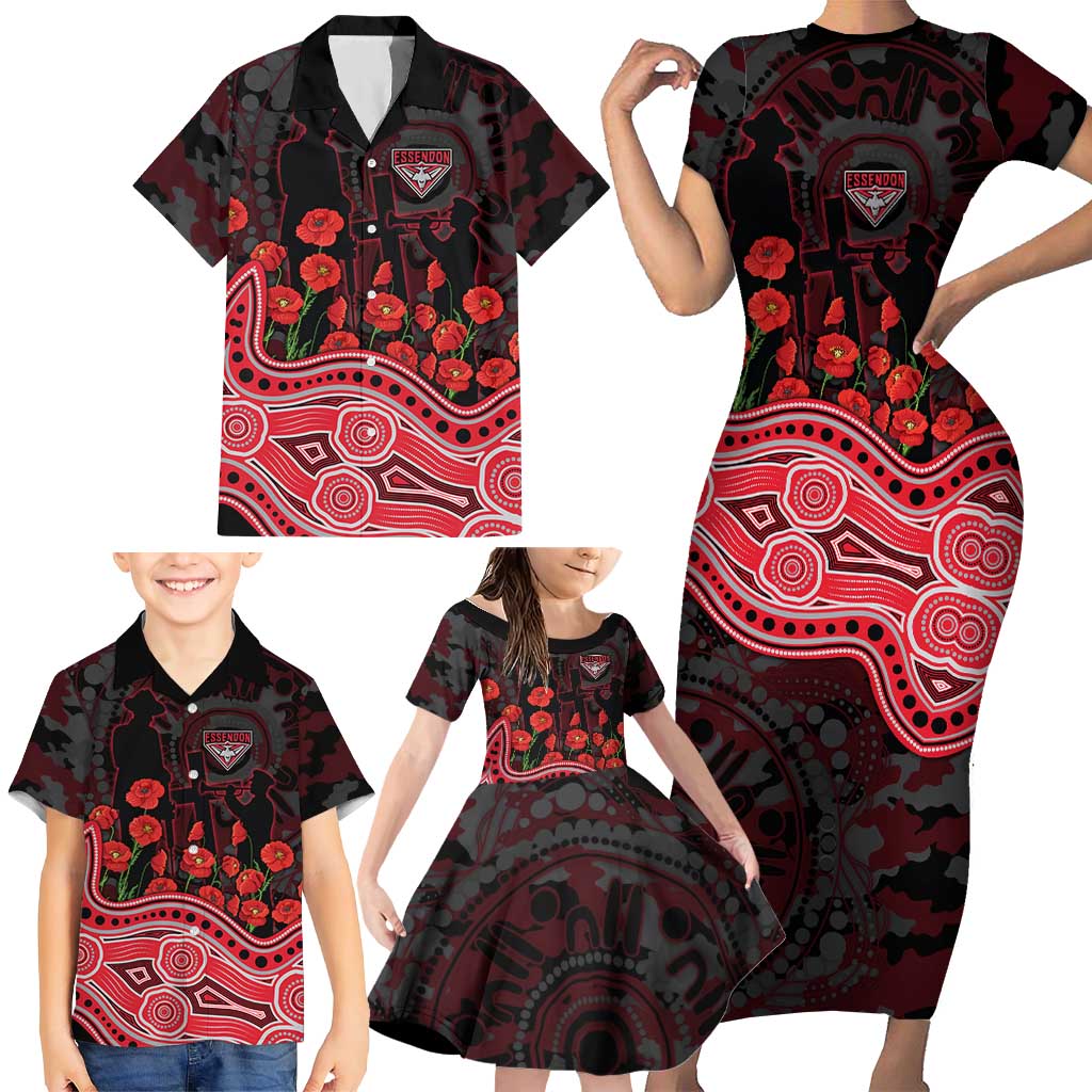Essendon Bombers ANZAC Day Family Matching Short Sleeve Bodycon Dress and Hawaiian Shirt Indigenous Dot Art with Poppy Flower Tribute
