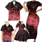 Essendon Bombers ANZAC Day Family Matching Short Sleeve Bodycon Dress and Hawaiian Shirt Indigenous Dot Art with Poppy Flower Tribute
