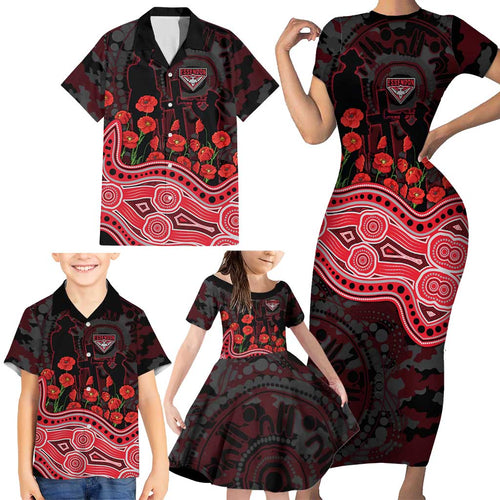 Essendon Bombers ANZAC Day Family Matching Short Sleeve Bodycon Dress and Hawaiian Shirt Indigenous Dot Art with Poppy Flower Tribute