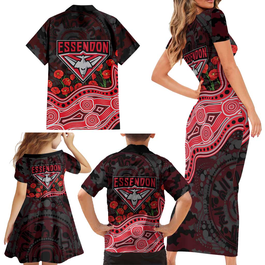 Essendon Bombers ANZAC Day Family Matching Short Sleeve Bodycon Dress and Hawaiian Shirt Indigenous Dot Art with Poppy Flower Tribute