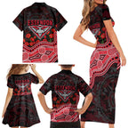 Essendon Bombers ANZAC Day Family Matching Short Sleeve Bodycon Dress and Hawaiian Shirt Indigenous Dot Art with Poppy Flower Tribute