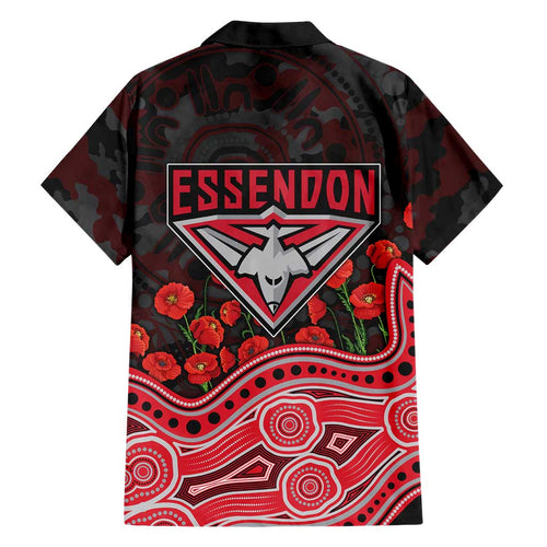 Essendon Bombers ANZAC Day Family Matching Short Sleeve Bodycon Dress and Hawaiian Shirt Indigenous Dot Art with Poppy Flower Tribute