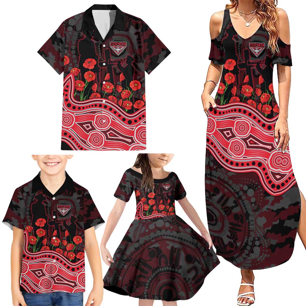 Essendon Bombers ANZAC Day Family Matching Summer Maxi Dress and Hawaiian Shirt Indigenous Dot Art with Poppy Flower Tribute