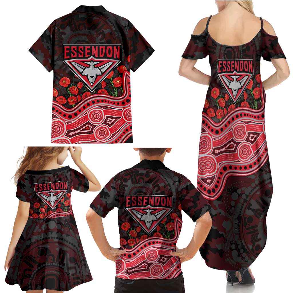 Essendon Bombers ANZAC Day Family Matching Summer Maxi Dress and Hawaiian Shirt Indigenous Dot Art with Poppy Flower Tribute