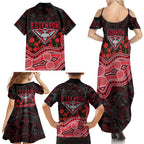 Essendon Bombers ANZAC Day Family Matching Summer Maxi Dress and Hawaiian Shirt Indigenous Dot Art with Poppy Flower Tribute