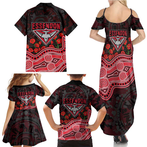 Essendon Bombers ANZAC Day Family Matching Summer Maxi Dress and Hawaiian Shirt Indigenous Dot Art with Poppy Flower Tribute