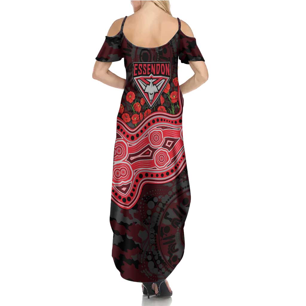 Essendon Bombers ANZAC Day Family Matching Summer Maxi Dress and Hawaiian Shirt Indigenous Dot Art with Poppy Flower Tribute