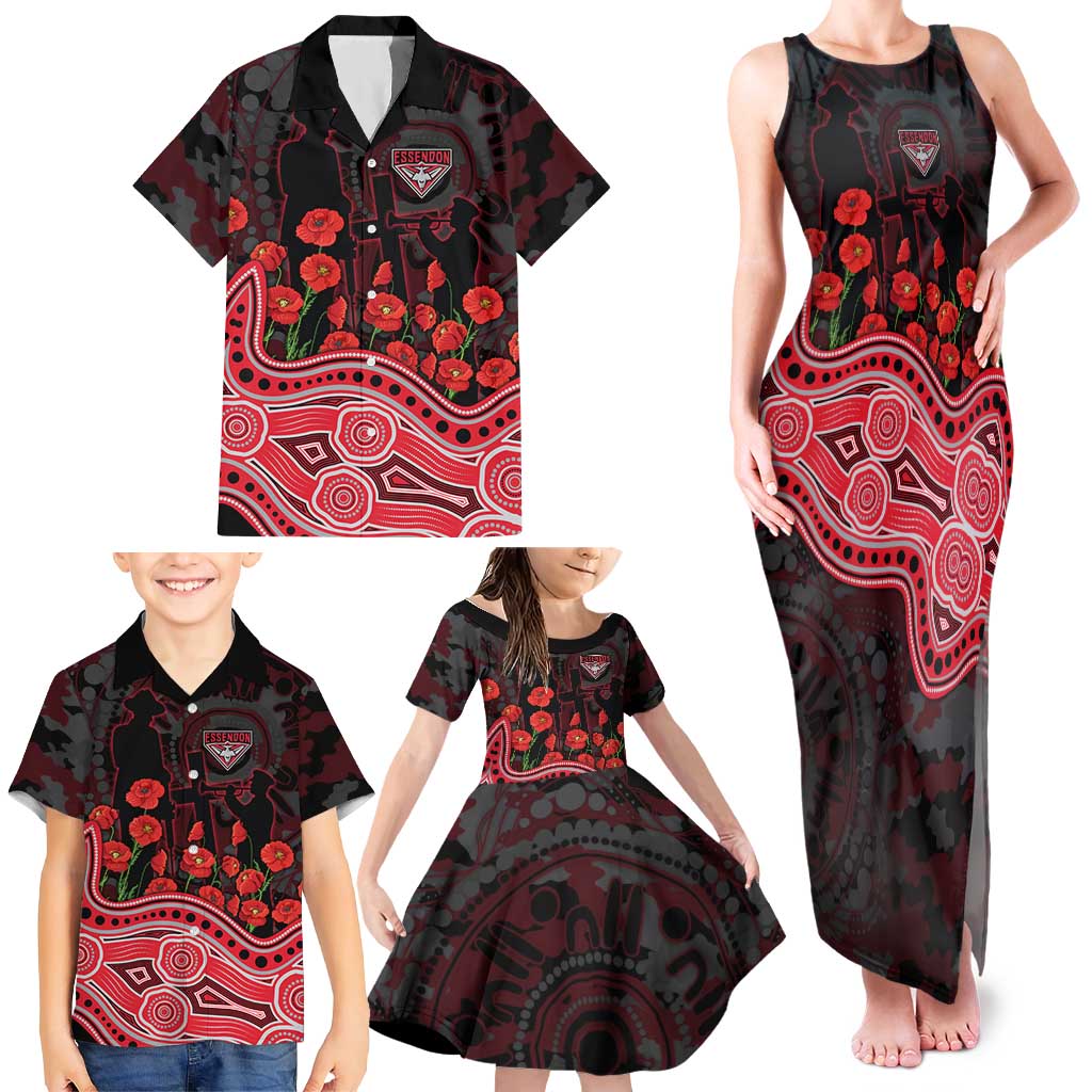 Essendon Bombers ANZAC Day Family Matching Tank Maxi Dress and Hawaiian Shirt Indigenous Dot Art with Poppy Flower Tribute