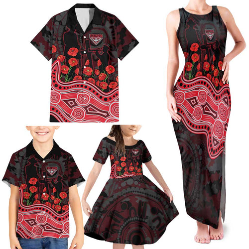 Essendon Bombers ANZAC Day Family Matching Tank Maxi Dress and Hawaiian Shirt Indigenous Dot Art with Poppy Flower Tribute