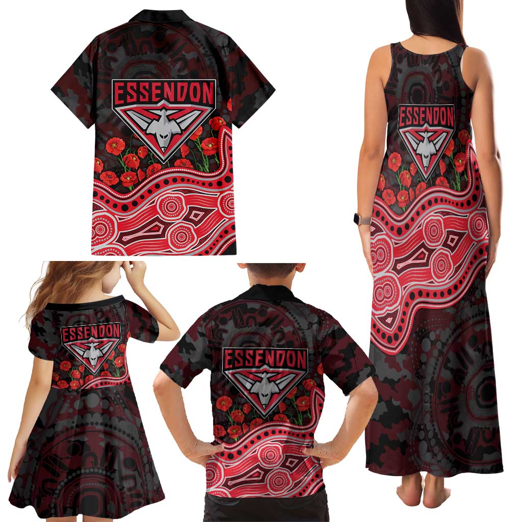 Essendon Bombers ANZAC Day Family Matching Tank Maxi Dress and Hawaiian Shirt Indigenous Dot Art with Poppy Flower Tribute