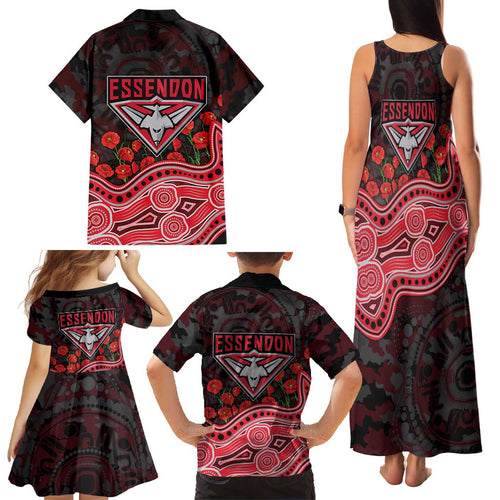 Essendon Bombers ANZAC Day Family Matching Tank Maxi Dress and Hawaiian Shirt Indigenous Dot Art with Poppy Flower Tribute
