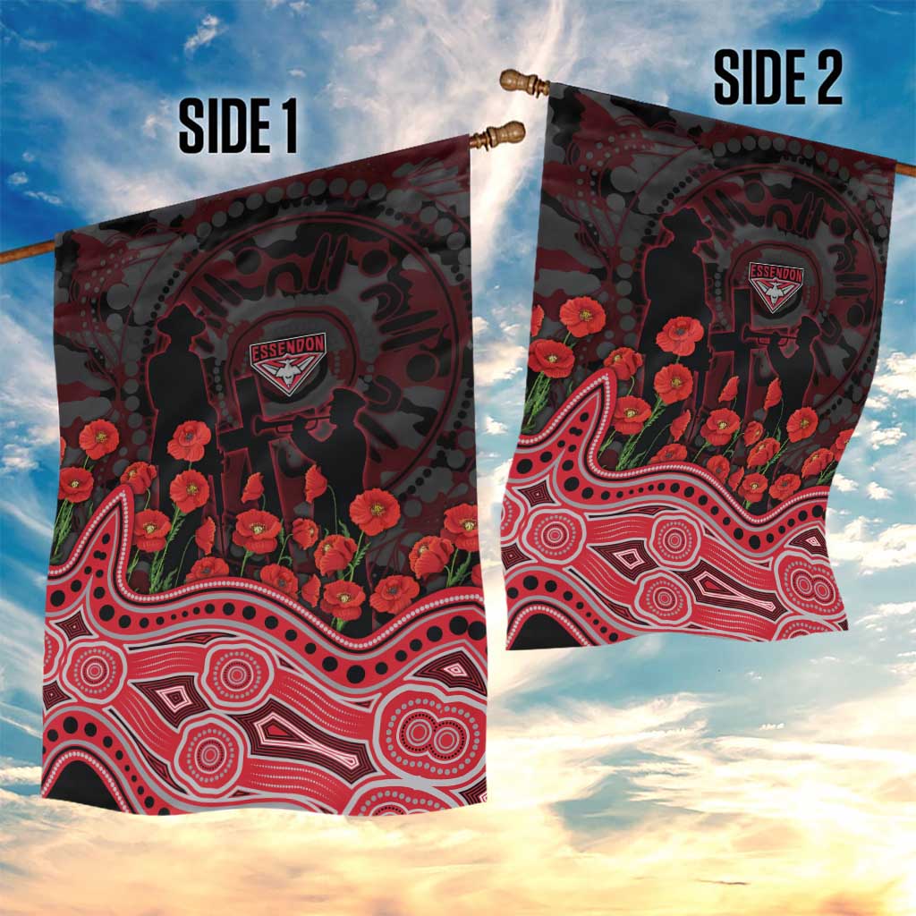 Essendon Bombers ANZAC Day Garden Flag Indigenous Dot Art with Poppy Flower Tribute