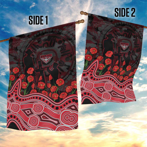 Essendon Bombers ANZAC Day Garden Flag Indigenous Dot Art with Poppy Flower Tribute