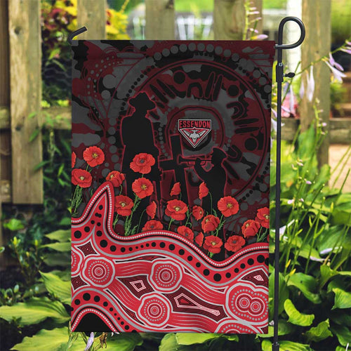 Essendon Bombers ANZAC Day Garden Flag Indigenous Dot Art with Poppy Flower Tribute