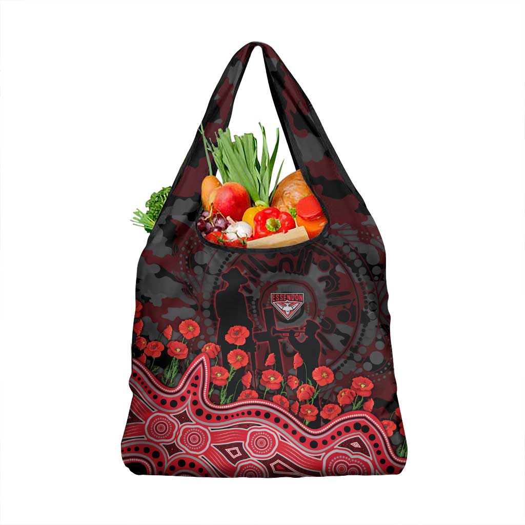 Essendon Bombers ANZAC Day Grocery Bag Indigenous Dot Art with Poppy Flower Tribute