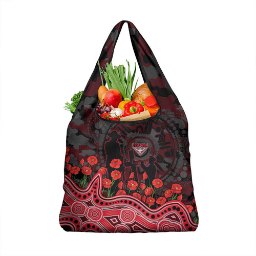 Essendon Bombers ANZAC Day Grocery Bag Indigenous Dot Art with Poppy Flower Tribute