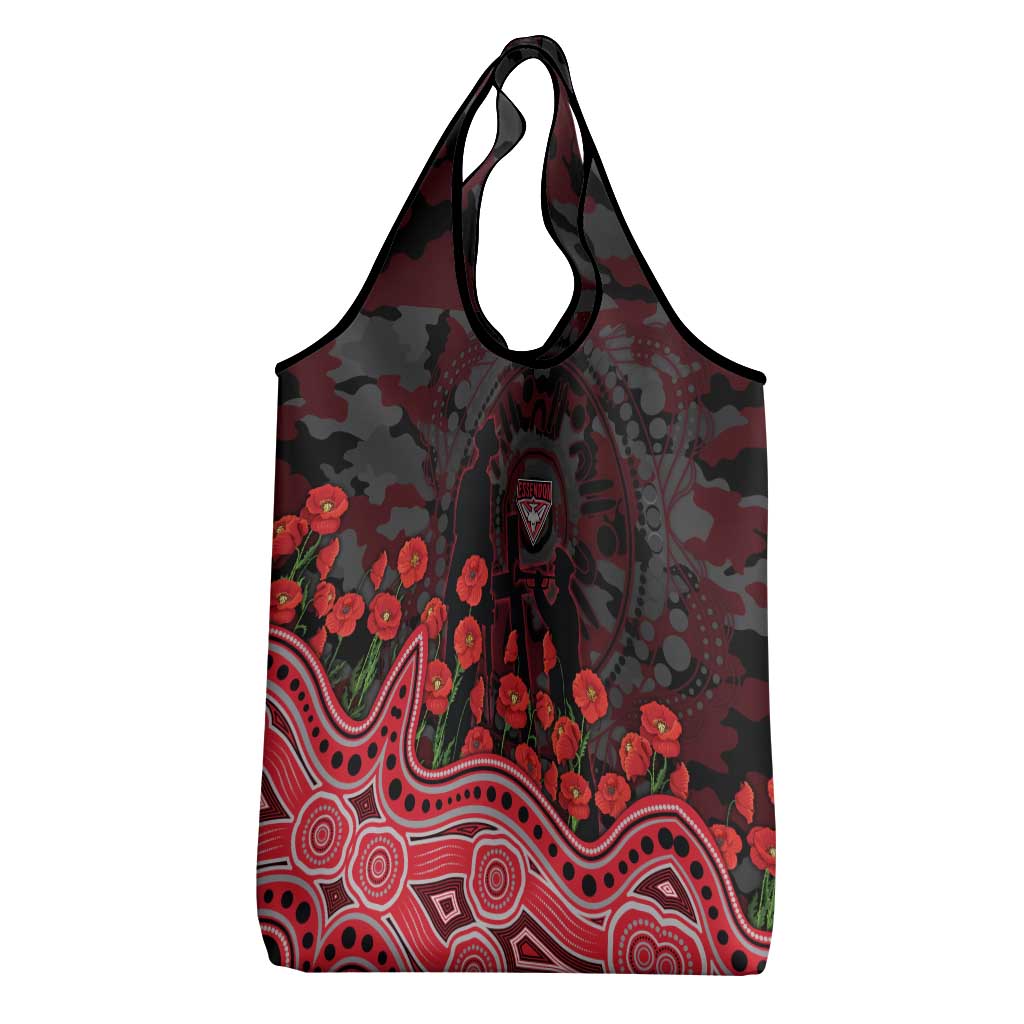 Essendon Bombers ANZAC Day Grocery Bag Indigenous Dot Art with Poppy Flower Tribute