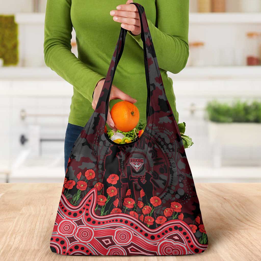 Essendon Bombers ANZAC Day Grocery Bag Indigenous Dot Art with Poppy Flower Tribute