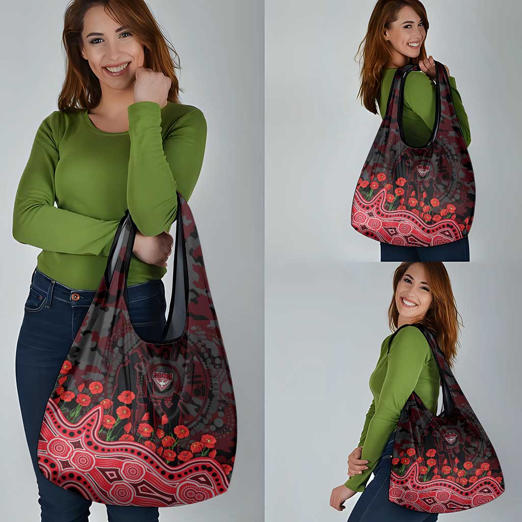 Essendon Bombers ANZAC Day Grocery Bag Indigenous Dot Art with Poppy Flower Tribute