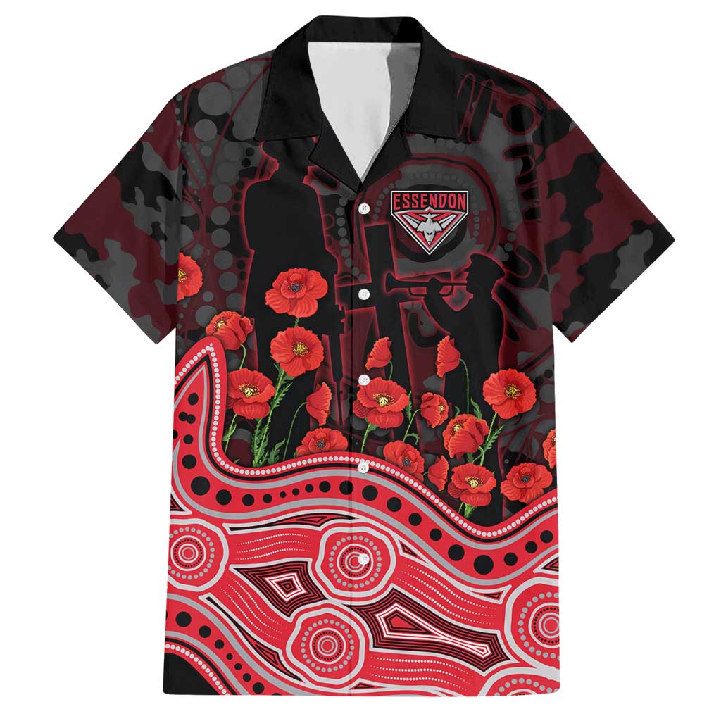 Essendon Bombers ANZAC Day Hawaiian Shirt Indigenous Dot Art with Poppy Flower Tribute