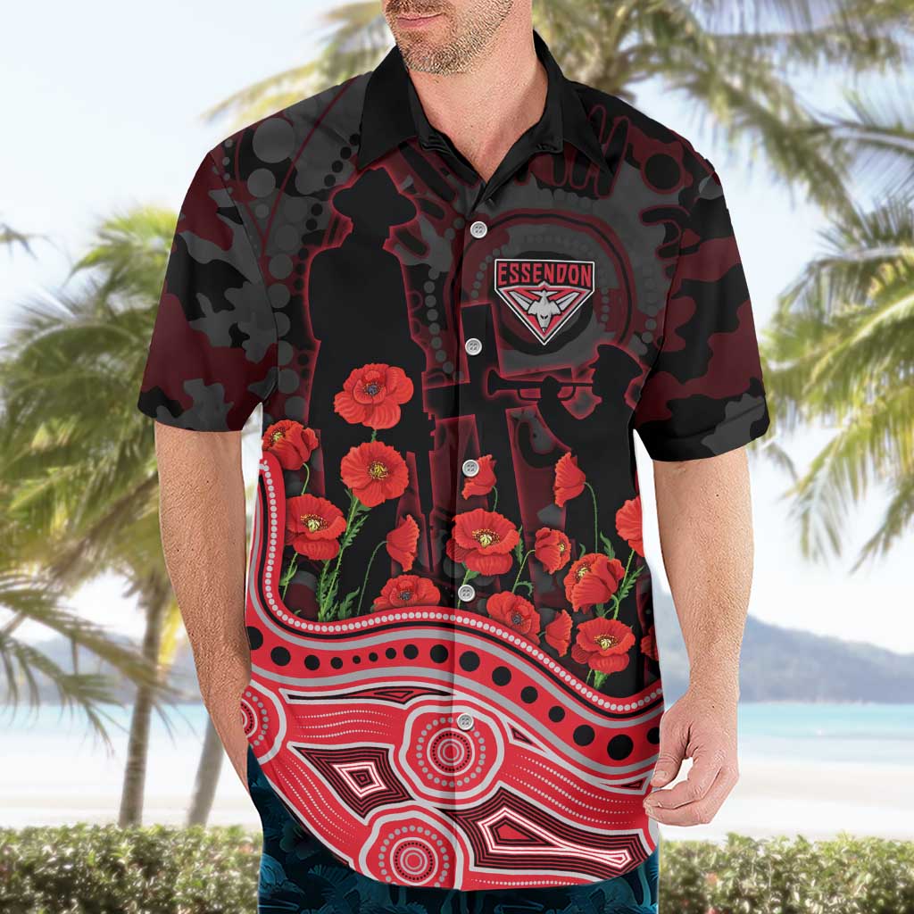 Essendon Bombers ANZAC Day Hawaiian Shirt Indigenous Dot Art with Poppy Flower Tribute