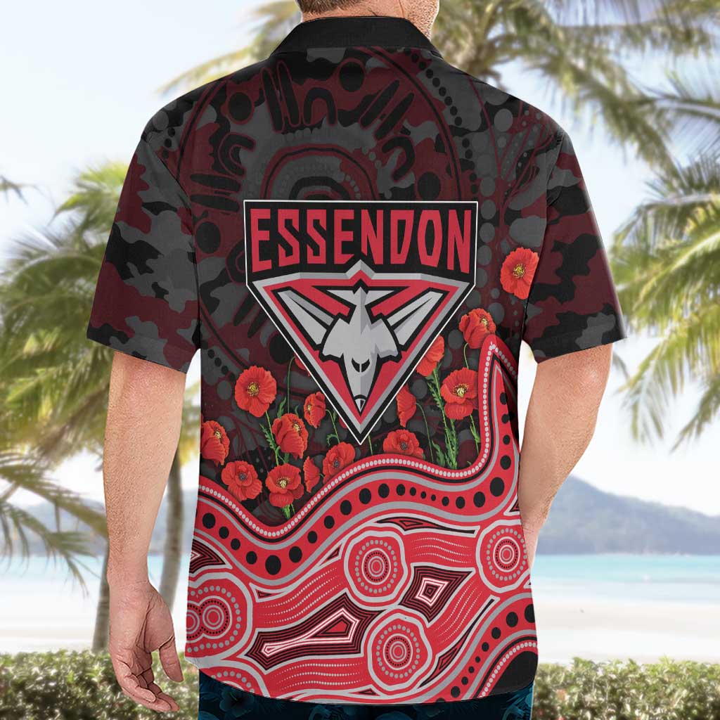 Essendon Bombers ANZAC Day Hawaiian Shirt Indigenous Dot Art with Poppy Flower Tribute