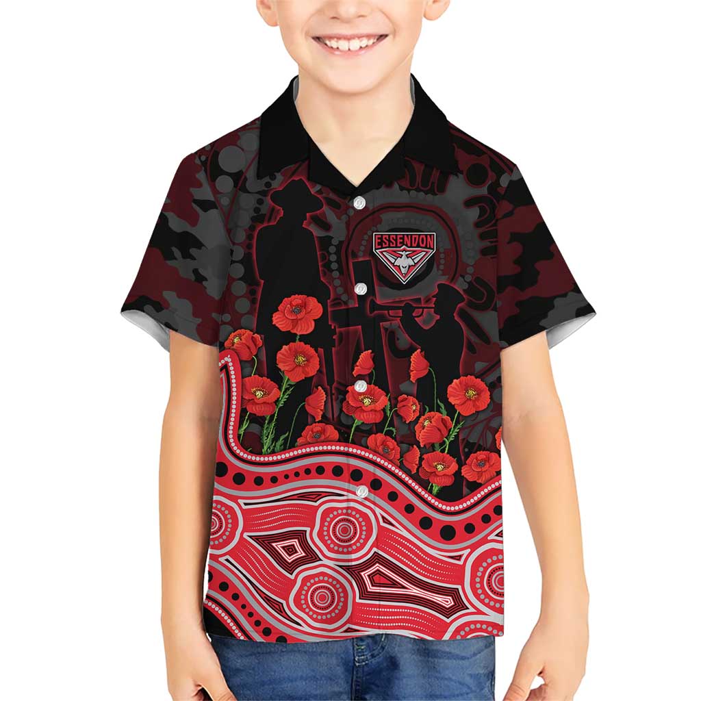 Essendon Bombers ANZAC Day Hawaiian Shirt Indigenous Dot Art with Poppy Flower Tribute