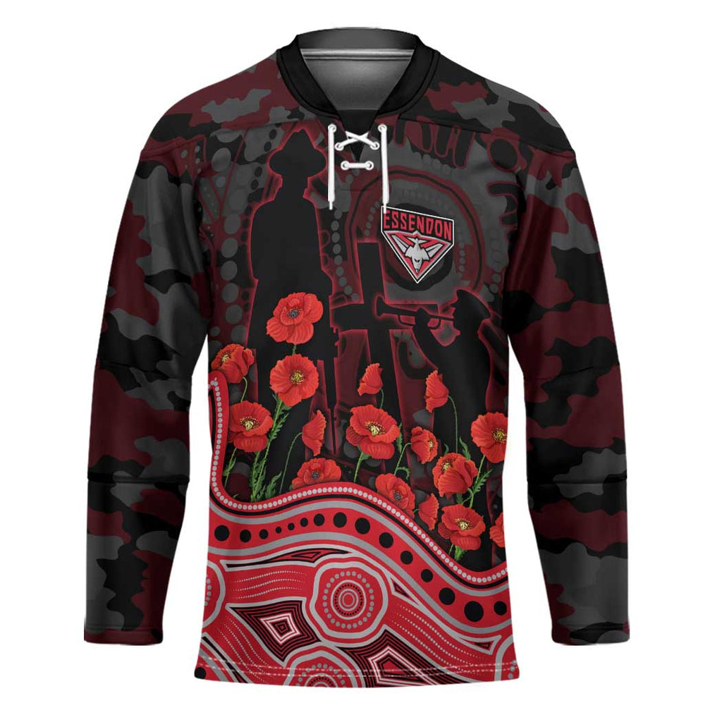 Essendon Bombers ANZAC Day Hockey Jersey Indigenous Dot Art with Poppy Flower Tribute