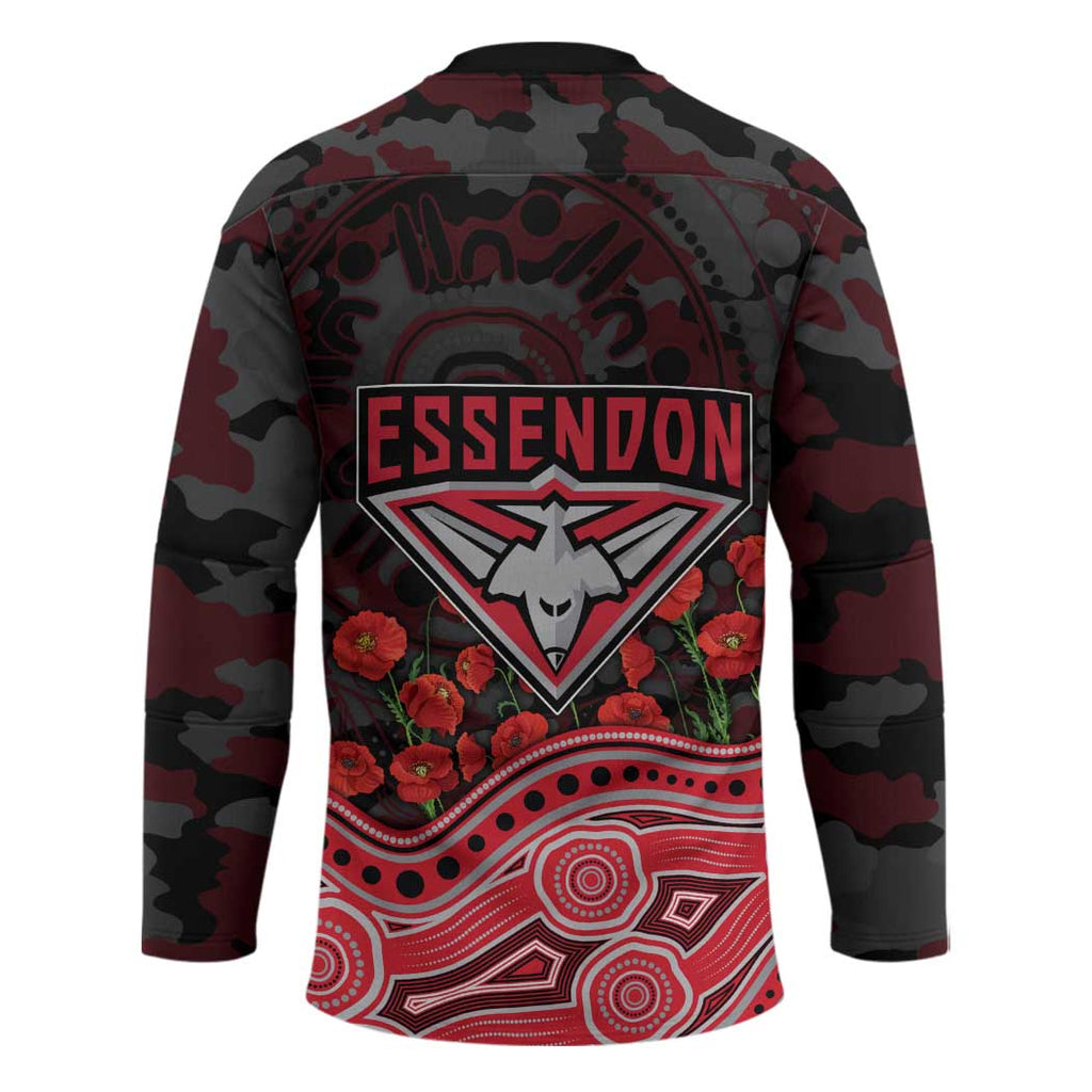 Essendon Bombers ANZAC Day Hockey Jersey Indigenous Dot Art with Poppy Flower Tribute