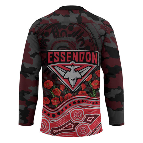 Essendon Bombers ANZAC Day Hockey Jersey Indigenous Dot Art with Poppy Flower Tribute
