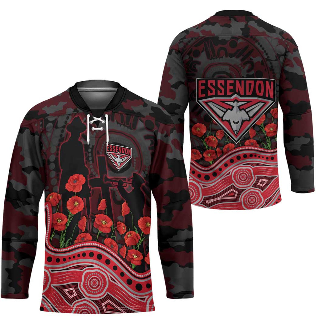 Essendon Bombers ANZAC Day Hockey Jersey Indigenous Dot Art with Poppy Flower Tribute