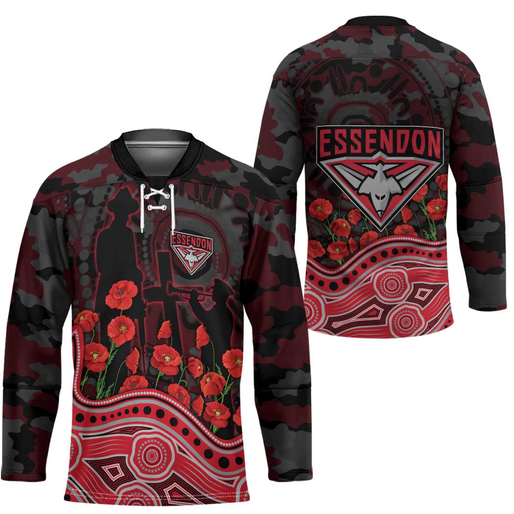 Essendon Bombers ANZAC Day Hockey Jersey Indigenous Dot Art with Poppy Flower Tribute