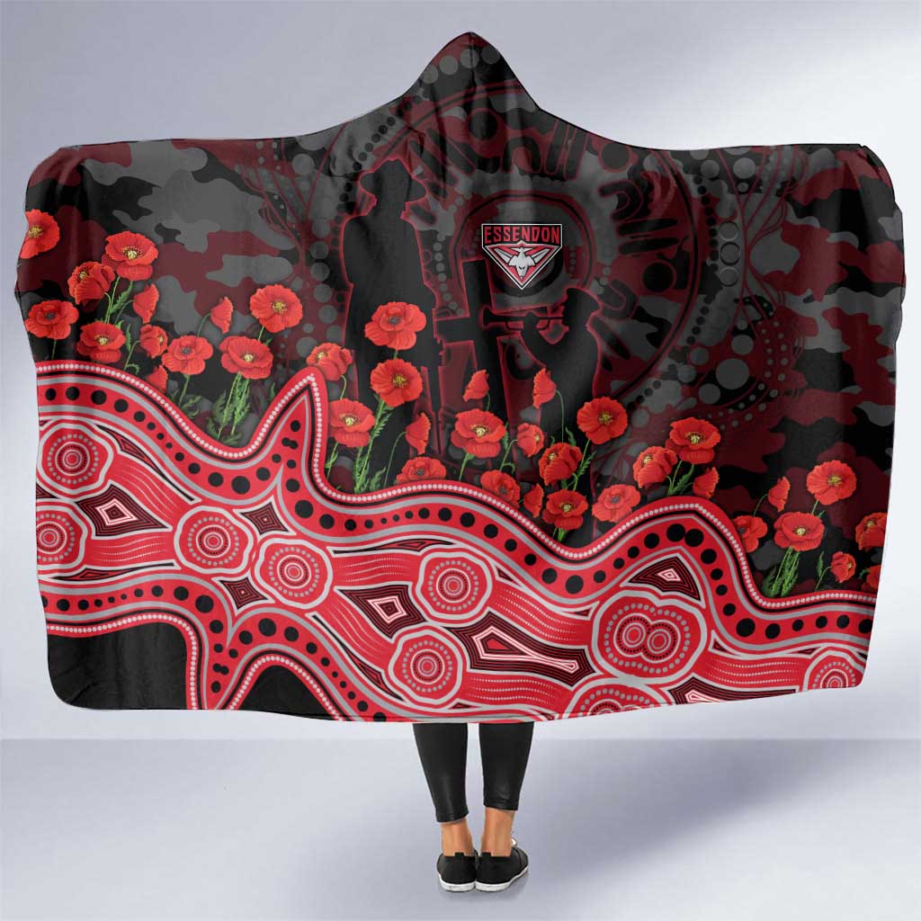 Essendon Bombers ANZAC Day Hooded Blanket Indigenous Dot Art with Poppy Flower Tribute