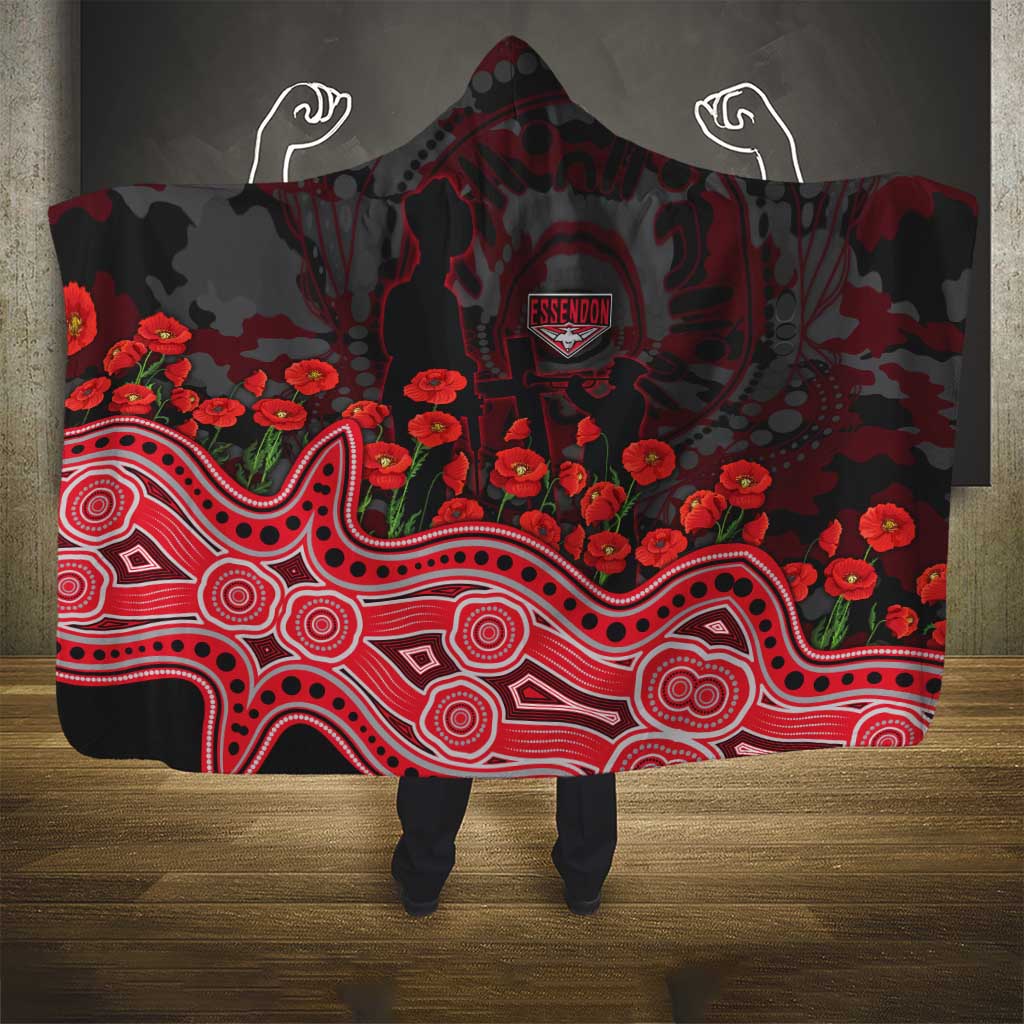 Essendon Bombers ANZAC Day Hooded Blanket Indigenous Dot Art with Poppy Flower Tribute